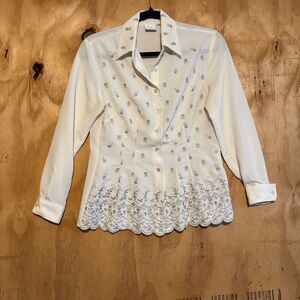 Vintage Ship N Shore Embroidered Floral Off White Button Up Blouse Sz 4 Fairy